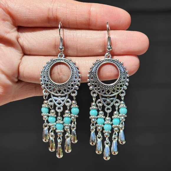 Dream Catcher Earrings Howlite Turquoise Boheme Dangle Tribal Ethnic Y2K Boho - Picture 1 of 2